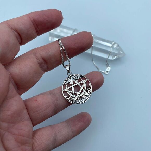 Celtic Crescent Moon With Pentagram Sterling Silver Necklace Box Chain - Picture 3 of 5